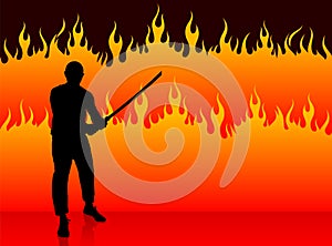 Karate Sensei with Sword on Fire Background