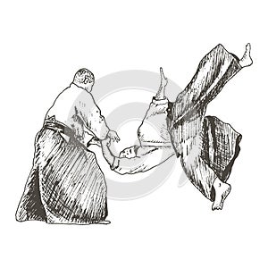 Karate Sparring with Fighter in Kimono Throwing His Opponent on the Ground Vector Illustration. Oriental Combat Practise