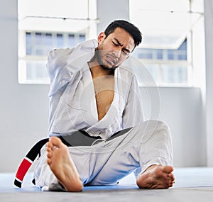 Karate, sports injury and neck pain in health gym for healthcare, medical accident and exercise training emergency