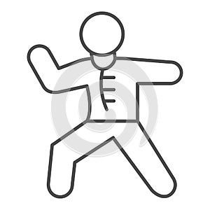 Karate sportsman thin line icon, self defense concept, karate kick sign on white background, martial arts master icon in