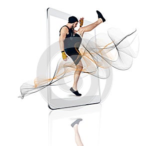 Karate, tablet and man in kick boxing exercise on app or screen isolated against a white studio background. Male person