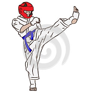 Karate or taekwondo. Fight in vector action. Kick from 3d art