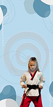 Karate, taekwondo girl with black belt isolated on blue background with geometric design, vertical flyer