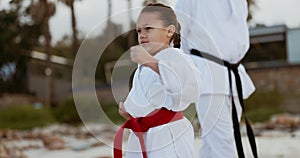 Karate, training and girl child with trainer man outdoor for self defense, learning or fighting. Martial arts, fitness