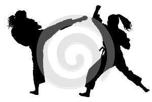 Karate woman fighters in kimono, silhouette. Self-defense presentation