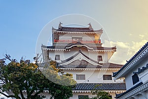 Karatsu japanese Castle Karatsu-jo Located on hill and sunset sky with clouds in evening, Karatsu, Saga, Kyushu, Japan