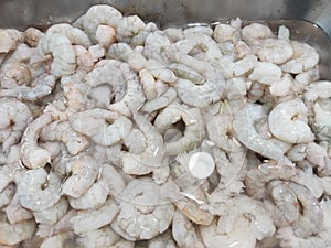 Karawang, Indonesia, 21 September 2022: Litopenaeus vannamei that has been peeled is ready to be cooked and sold in supermarkets