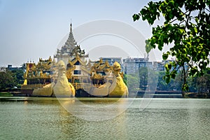 Karaweik Royal Barge on Kandawgyi lake in Yangon, Burma Myanmar
