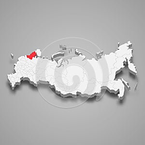 Karelia region location within Russia 3d map