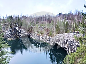 karelia, ruskeala, rocks, lake, canyon, mountain landscape, trees, water caves, autumn landscape, water, reflection