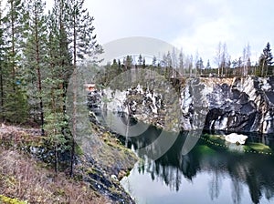 Karelia, ruskeala, rocks, lake, mountain landscape, pines, firs, trees, autumn landscape, water, reflection, nature