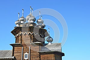 Karelia, Russia. Domes of ancient Pokrovsky cathedral in Kizhi