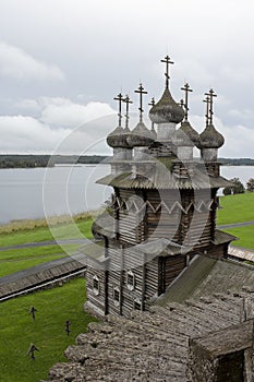 Karelia, Russia. Kizhi Island from the bell tower. Historical site of wooden churches. Museum reserve. Lake Onega