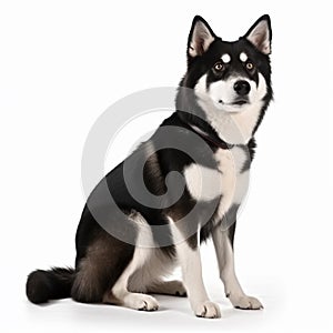 Karelian bear husky dog portrait close-up isolated on white. Brave pet, loyal friend, good companion,