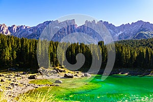 Karersee - Lago di Carezza A lake in the Dolomites in South Tyrol, Italy.