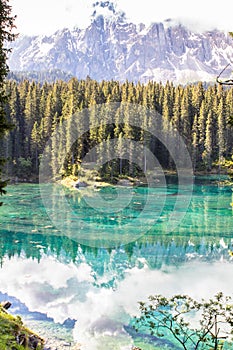 Karersee, lake in the Dolomites in South Tyrol, Italy