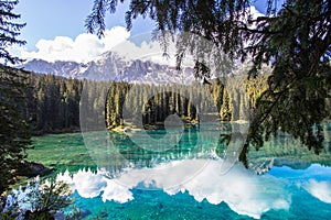 Karersee, lake in the Dolomites in South Tyrol, Italy