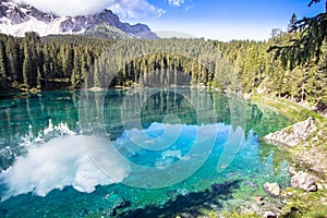 Karersee, lake in the Dolomites in South Tyrol, Italy