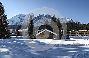 Karersee and Mount Latemar, winter landscape