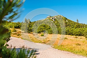 Karkonosze Mountains, Western Sudetes, mountain hiking trail leading along the plain through the peaks, natural mountain landscape