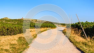 Karkonosze Mountains, Western Sudetes, mountain hiking trail leading along the plain through the peaks, natural mountain landscape