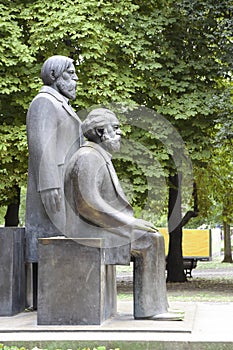 Karl Marx and Friedrich Engels monument in the Marx-Engels-Forum, a public park in the central Mitte district of Berlin, Germany