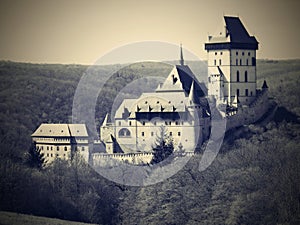 KarlÅ¡tejn Castle is a large Gothic castle founded 1348 CE by Charles IV, Holy Roman Emperor-elect and King of Bohemia