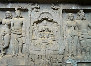 Karla Caves Chaityagriha, Sanctum Sanctorum, Budha Sculpture flanked by other dieties in Front Veran