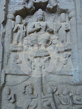 Karla Caves Chaityagriha, Sanctum Sanctorum, Budha Sculpture flanked by other dieties in Front Veran