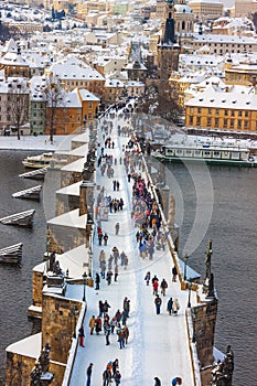 Karlov or Charles bridge in Prague in winter