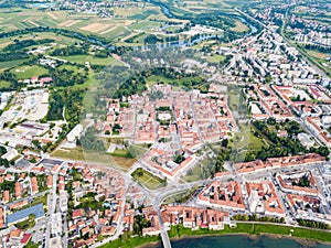 Karlovac city center, inside six-pointed star-shaped Renaissance fortress built against Ottomans, Croatia. Regular plan.