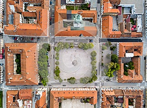 Karlovac city center, inside six-pointed star-shaped Renaissance fortress built against Ottomans, Croatia. Regular plan.