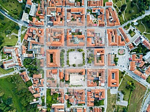 Karlovac city center, inside six-pointed star-shaped Renaissance fortress built against Ottomans, Croatia. Regular plan.