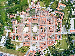 Karlovac city center, inside six-pointed star-shaped Renaissance fortress built against Ottomans, Croatia. Regular plan.