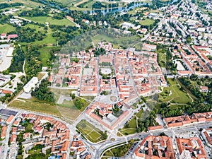 Karlovac city center, inside six-pointed star-shaped Renaissance fortress built against Ottomans, Croatia. Regular plan.