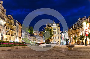 Karlovy Vary Carlsbad historical city centre with colorful beautiful buildings and Mill Colonnade