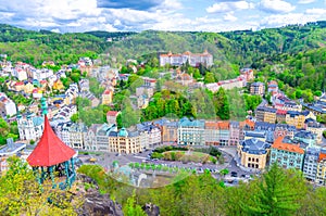 Karlovy Vary Carlsbad historical city centre top aerial view