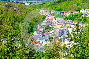 Karlovy Vary Carlsbad historical city centre top aerial view with colorful beautiful buildings