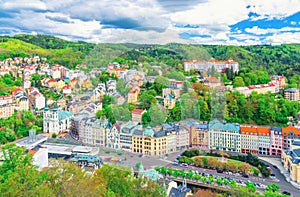 Karlovy Vary Carlsbad historical city centre top aerial view with colorful beautiful buildings