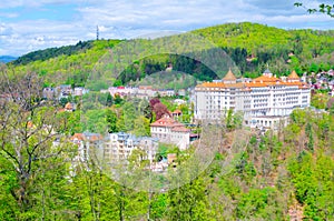 Karlovy Vary Carlsbad historical city centre top aerial view with hotels buildings