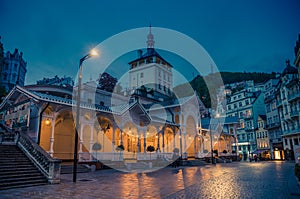 Karlovy Vary, Czech Republic, May 11, 2019: The Market Colonnade Trzni kolonada wooden colonnade