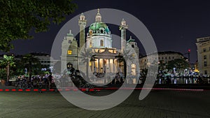 Karlskirche on the Karlsplatz square night timelapse hyperlapse in Vienna, Austria.