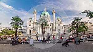 Karlskirche on the Karlsplatz square timelapse hyperlapse in Vienna, Austria.