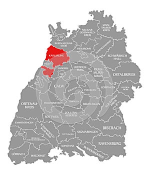 Karlsruhe county red highlighted in map of Baden Wuerttemberg Germany