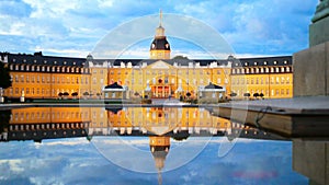 Karlsruhe German Palace at dusk reflected in the fountain 4k footage