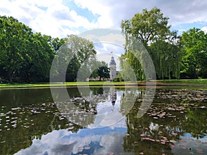 Karlsruhe park with tower and reflection on lake. Beautiful place for turism in Germany