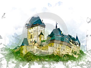 Karlstejn castle on green hill, Prague