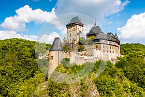 Karlstejn Castle surrounded by hills and forests. Central Bohemia, Czech Republic