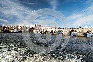 Karluv most bridge above Vltava river with Prazsky hrad castle in Praha city in Czech republic