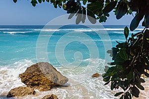 Karma Beach in Ungasan, Bali, Indonesia. Turquoise water, rocks, ocean scenery.